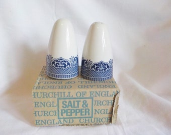 Paar Vintage Churchill China Blue Willow Salz- und Pfefferstreuer unbenutzt in Originalverpackung