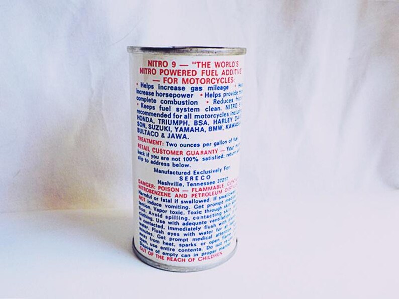 Lata publicitaria de motocicleta Nitro 9 vintage para Harley Davidson Triumph, etc. imagen 2