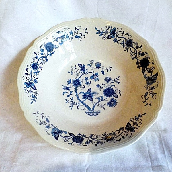 Vintage Hankook China SEINE Scalloped Round Serving Bowl 9" Blue Floral Design Discontinued