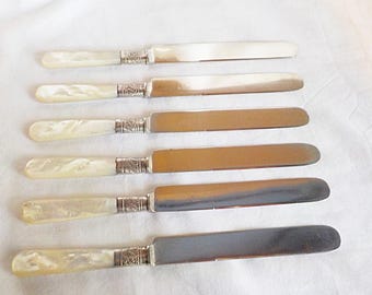 6 Mother of Pearl Sterling Silver Bolster Table Knives Meriden Cutlery Co  9"