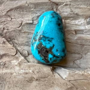 Könnte beinhalten: Ein tropfenförmiger Türkis-Cabochon mit blaugrüner Farbe und schwarzer Matrix. Der Stein ist etwa so groß wie eine deutsche Zehn-Cent-Münze.