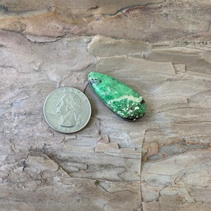 Könnte beinhalten: Ein tropfenförmiger grüner Türkis-Cabochon mit weißen Adern und braunen Flecken. Der Stein ist etwa so groß wie eine US-amerikanische 25-Cent-Münze.