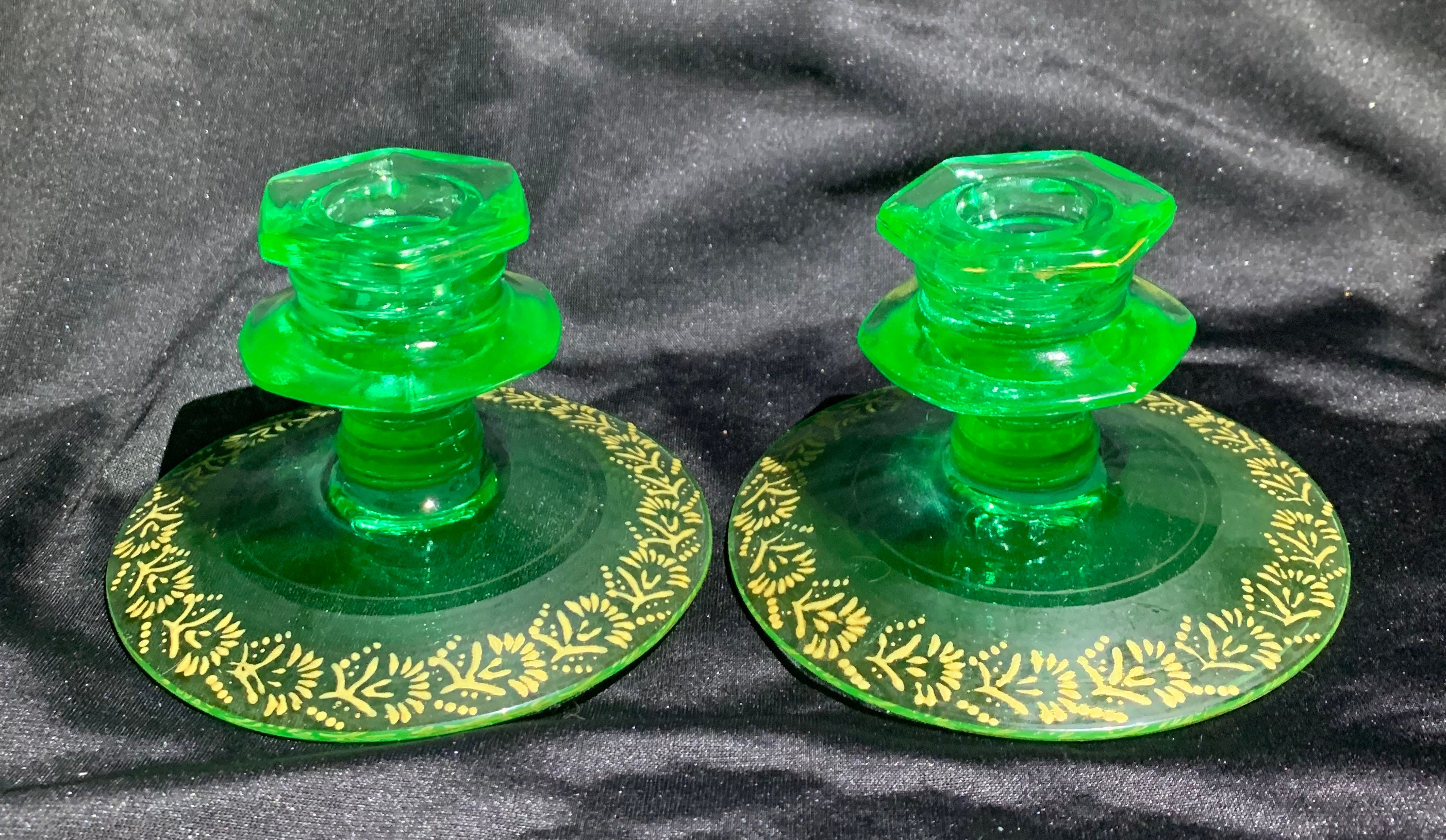 Vintage Pair Vaseline Glass Candle Stick Holders Etsy