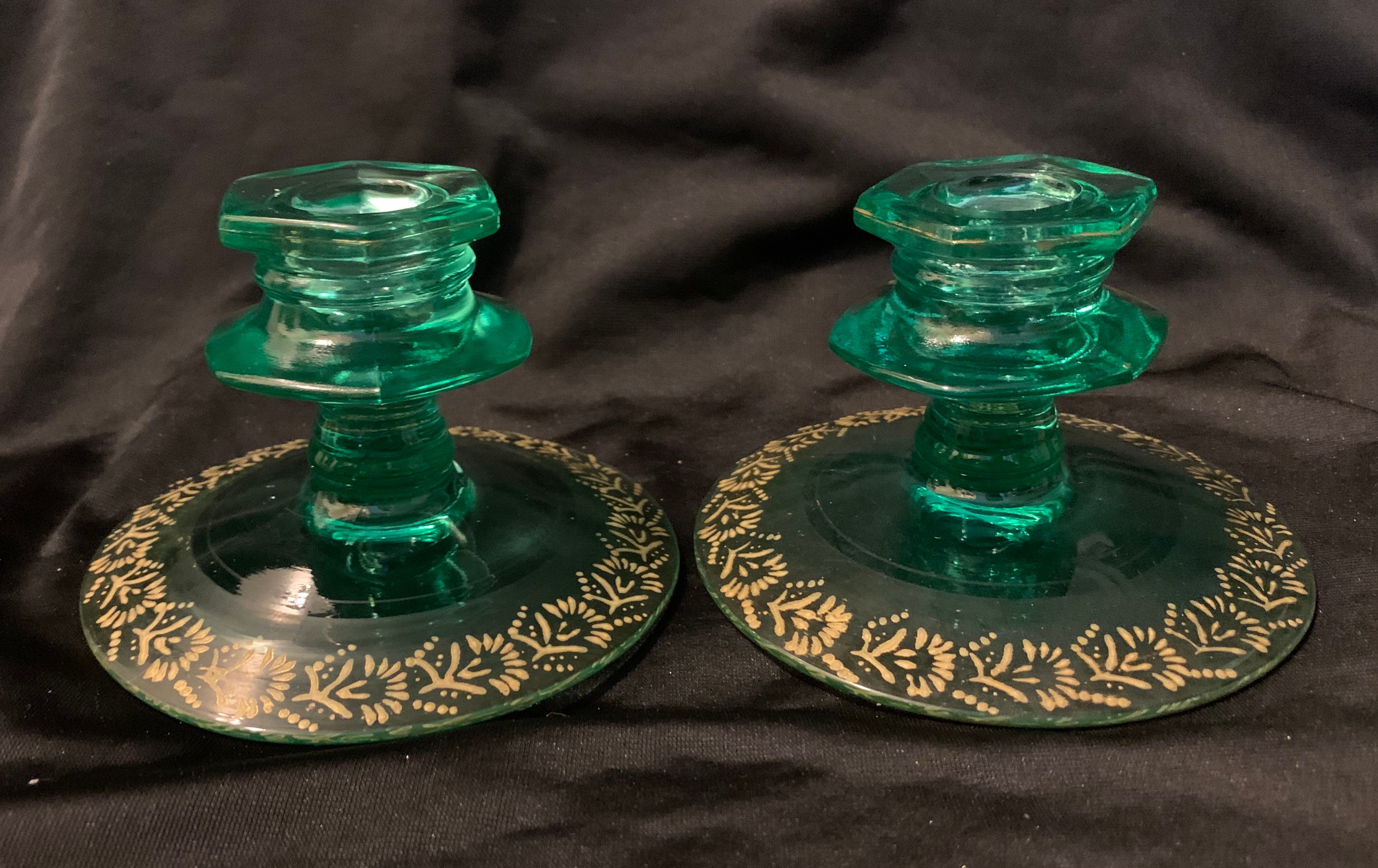 Vintage Pair Vaseline Glass Candle Stick Holders Etsy