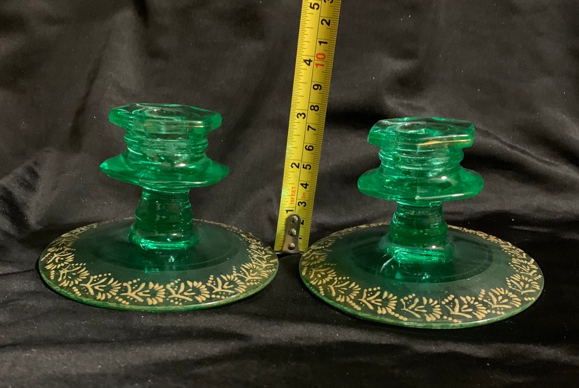 Vintage Pair Vaseline Glass Candle Stick Holders Etsy