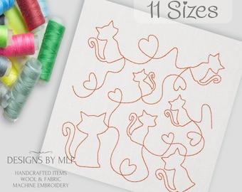 Kitty Cat Hearts Edge to Edge Quilt Pattern, E2E Quilt Block, Continuous Line Single Run Quilting Embroidery File ITH quilt square pattern