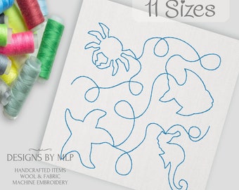 Sealife Fischkrabbe Seepferdchen Kante an Kante Quiltmuster, E2E Quilt Block, Kontinuierliche Linie Single Run Quilting Design, ITH Quilt Quadratmuster