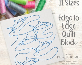Shark Fish Sea E2E Machine Embroidery Design, Quick Continuous Line Quilting Block, Edge to Edge Quilt Pattern, ITH quilt square pattern