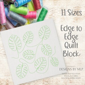 Könnte beinhalten: Ein grüner Umriss eines Quiltblocks mit einem Blattdesign. Der Text "Edge to Edge Quilt Block" ist in grauem Text über dem Design geschrieben. Der Text "11 Sizes" ist in grauem Text über dem Text "Edge to Edge Quilt Block" geschrieben. Der Text "DESIGNS BY MLP" ist in grauem Text unter dem Design geschrieben. Der Text "HANDCRAFTED ITEMS" ist in grauem Text unter dem Text "DESIGNS BY MLP" geschrieben. Der Text "WOOL & FABRIC" ist in grauem Text unter dem Text "HANDCRAFTED ITEMS" geschrieben. Der Text "MACHINE EMBROIDERY" ist in grauem Text unter dem Text "WOOL & FABRIC" geschrieben.