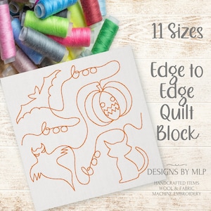 Op de afbeelding: Een oranje omtrek van een Halloween-quiltblok met een pompoen, een kat, een vleermuis en het woord "boo" herhaald. De tekst "11 Sizes Edge to Edge Quilt Block" staat in de rechterbovenhoek. De tekst "DESIGNS BY MLP HANDCRAFTED ITEMS WOOL & FABRIC MACHINE EMBROIDERY" staat in de rechterbenedenhoek.