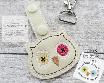 Owl Machine Embroidery Key Fob Design, Snap Tab Pattern, Keyfob Machine Embroidery Pattern, BONUS Eyelet design, in the hoop embroidery, 4x4