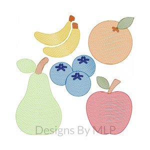 In the hoop embroidery designs, Fruit, Apple, Orange, Banana, Pear, Blueberries, Quick Stitch Sketch Style Embroidery Pattern, 3 sizes