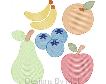 Stickmuster, Obst, Apfel, Orange, Banane, Birne, Heidelbeeren, Quick Stitch Sketch Style Stickmuster, 3 Größen