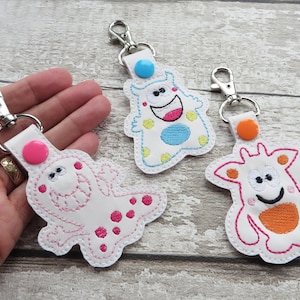 Happy Monsters embroidery key fob designs, Set of 3, In the hoop key fobs, Machine Embroidery In the hoop designs, Snap Tab Pattern, 4x4