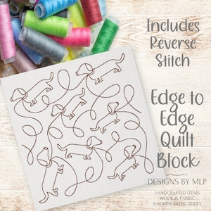 May include: A digital embroidery design featuring a quilt block with a pattern of dachshunds walking on leads. The design includes reverse stitch and is an edge-to-edge quilt block. The text "Includes Reverse Stitch" and "Edge to Edge Quilt Block" is visible in the image. The text "Designs by MLP" is also visible in the image.