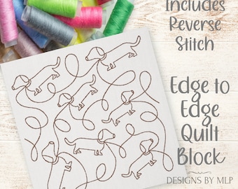 Dackel Hund Kante an Kante Quilt-Muster, E2E Kontinuierliche Linie Single Run Quilting Blockstickerei Design, Digital ITH Quilt Rückstich