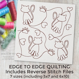 May include: A digital embroidery design featuring a repeating pattern of cats, hearts, and paw prints. The design is for edge-to-edge quilting and includes reverse stitch files in 7 sizes, including 5x7 and 6x10 inches.