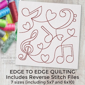 Puede incluir: Un cuadrado de tela blanca con un diseño de bordado a máquina en rojo continuo de notas musicales y corazones. El texto dice: DESIGNS BY MLP HANDCRAFTED ITEMS WOOL & FABRIC MACHINE EMBROIDERY EDGE TO EDGE QUILTING Includes Reverse Stitch Files 7 sizes (including 5x7 and 6x10).
