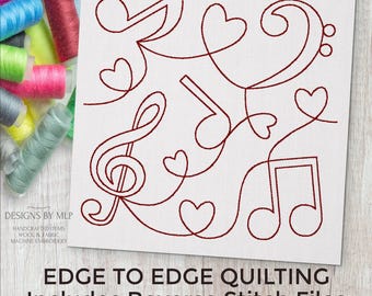 Music Notes E2E Quilt Block Machine Embroidery Quilting Design, Continuous Line Single Run, Edge to Edge Quilt Pattern