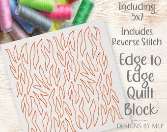 Feurige Flammen, Edge to Edge Quilt Pattern, E2E Kontinuierliche Line Single Run Quilting Block Stickdatei, ITH Quilt Muster, Reverse Design