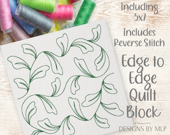 Wellenrand Blätter E2E Quilt Block Stickmuster, Endloslinie Single Run Quilting, Quiltmuster von Kante zu Kante ITH Quilt Rückstich