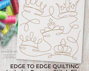 Kronen & Tiaras E2E Quilt-Block Maschinenstickerei Quilting Design, Endloslinie Single Run Edge to Edge Quilt Pattern ITH Rückstich
