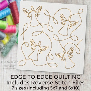 Puede incluir: Un tejido cuadrado blanquecino con un diseño de ángel dorado, con cuatro ángeles conectados por líneas fluidas. El texto "EDGE TO EDGE QUILTING" y "Includes Reverse Stitch Files" son visibles. La imagen también muestra carretes de hilo colorido.