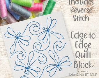 Libelle E2E Quilt-Block Design, Single Run Quilting Stickerei, Quiltmuster von Kante zu Kante, ITH Quilt, Rückstich
