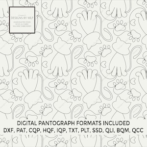 Pode incluir: Um padrão de linhas repetitivo com gatos estilizados e pegadas de patas num fundo claro. Um logótipo quadrado no canto superior esquerdo diz DESIGNS BY MLP HANDCRAFTED ITEMS WOOL & FABRIC MACHINE EMBROIDERY. O texto na parte inferior diz DIGITAL PANTOGRAPH FORMATS INCLUDED DXF, PAT, CQP, HQF, IQP, TXT, PLT, SSD, QLI, BQM, QCC.