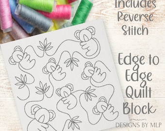 Cute Koala Bear E2E Quilt Block Embroidery Design, Continuous Line Single Run Quilting,  Edge to Edge Quilt Pattern, ITH Reverse stitch