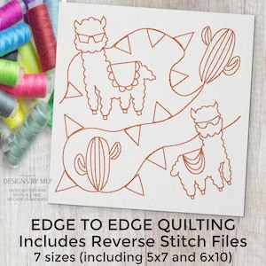May include: A digital embroidery design featuring two llamas wearing sunglasses and cacti. The design is for edge-to-edge quilting and includes reverse stitch files in seven sizes, including 5x7 and 6x10 inches.