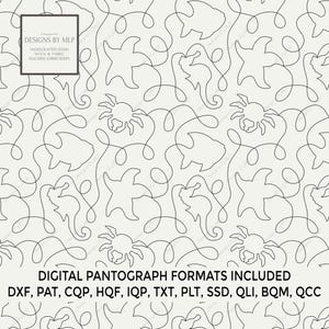 Könnte beinhalten: Ein digitales Pantographenmuster mit durchgehenden Strichzeichnungen von Meerestieren wie Krabben, Seesternen, Seepferdchen und Fischen auf hellem Grund. Der Text DESIGNS BY MLP und DIGITAL PANTOGRAPH FORMATS INCLUDED DXF, PAT, CQP, HQF, IQP, TXT, PLT, SSD, QLI, BQM, QCC ist sichtbar.