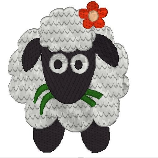 Conception de broderie à la machine, mouton laineux mignon avec fleur, motif rempli de broderie à la machine numérisé manuellement, téléchargement instantané, cerceau 4x4