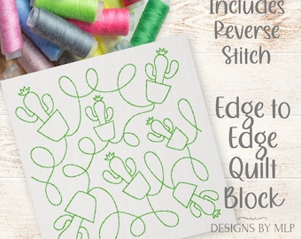 Cactus Plant E2E Quilt Block Embroidery Design, Continuous Line Single Run Quilting, Edge to Edge Quilt Pattern, ITH Quilt, Reverse stitch