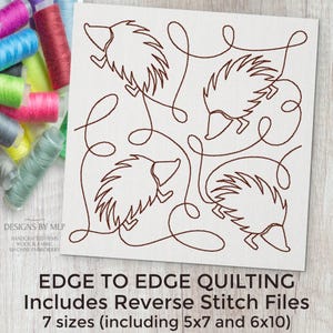 May include: Four brown line drawings of hedgehogs with curled tails, arranged in a square pattern on a white background. The text "EDGE TO EDGE QUILTING Includes Reverse Stitch Files 7 sizes (including 5x7 and 6x10)" is below the image.