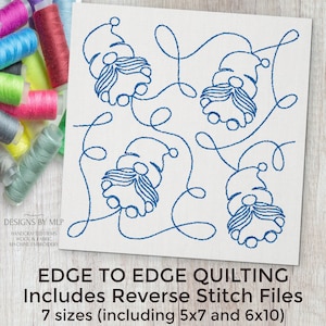 May include: Blue and white machine embroidery design of four gnomes with beards and curly hair. The design is for edge-to-edge quilting and includes reverse stitch files in seven sizes, including 5x7 and 6x10 inches.