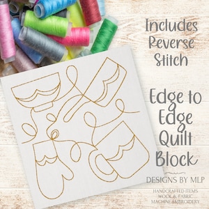 May include: A digital embroidery design of a quilt block featuring four stylized cups and a mitten. The design is outlined in gold thread and includes instructions for reverse stitch. The text "Edge to Edge Quilt Block" is included in the image.