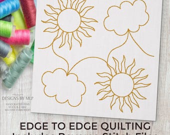 Sun & Clouds  E2E Quilt Block Machine Embroidery Quilting Design, Continuous Line Single Run, Edge to Edge quilt pattern, ITH Reverse stitch