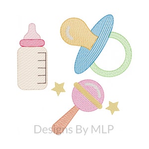 May include: A set of baby items including a baby bottle, a pacifier, and a rattle. The items are all in different colors and have a stitched look.