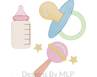 Machine Embroidery Designs Baby Accessories, Bottle, Rattle, Dummy, Quick Stitch Sketch Style Machine Embroidery Pattern Light Fill, 3 sizes