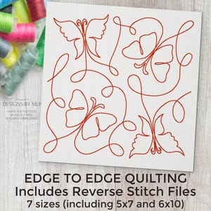 Pode incluir: Desenho de linha vermelha de quatro borboletas em um fundo branco. As borboletas estão dispostas em um padrão quadrado. O texto "EDGE TO EDGE QUILTING Includes Reverse Stitch Files 7 sizes (including 5x7 and 6x10)" está abaixo da imagem.