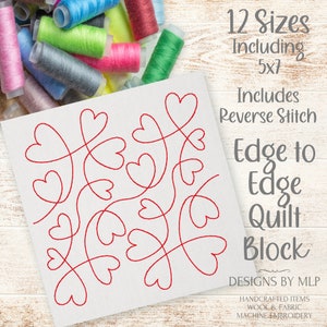 Fun Wavy Hearts Edge to Edge Quilt Pattern, E2E Quilt Block, Continuous Line Single Run Quilting Embroidery Design, ITH Quilt Reverse Design