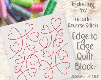 Spaß gewellte Herzen Kante an Kante Quilt-Muster, E2E Quilt Block, Kontinuierliche Linie Single Run Quilting Stickmuster, ITH Quilt Reverse Design