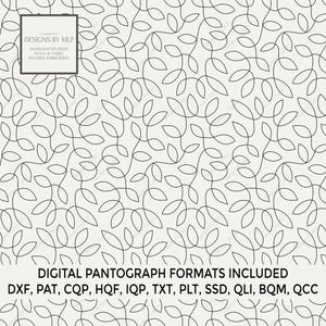 May include: A digital pattern featuring a continuous black line forming a repeating leaf and vine motif on a white background. A square logo in the top left reads DESIGNS BY MLP. Text at the bottom reads DIGITAL PANTOGRAPH FORMATS INCLUDED DXF, PAT, CQP, HQF, IQP, TXT, PLT, SSD, QLI, BQM, QCC.
