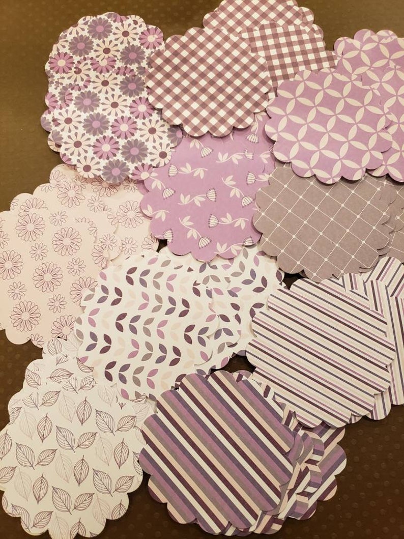 50 paper tags.Embellishments.flower shape tags.Purple color.Design paper.10 design.5 each Tag.Embellishments.Notes.mini label.