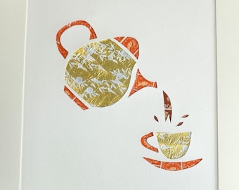 Postage Stamp Collage - A Cup of RoyalTea for 11x14 frame (Antique Unused OrangeUK wilding stamps and Gold Foil)
