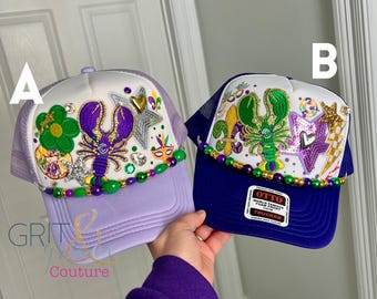 Mardi Gras Purple and White Fleur-de-lis Cap with embellishment Mardi Gras Rhinestone Fleur-de-Lis White Baseball Hat  main image 3