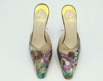 Vintage 1990s Christian Louboutin "Trash" Mules Collage Kitten Heels