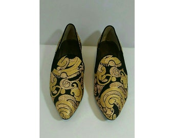 Vintage 1980's(late); Yves Saint Laurent Adelin Imperial Gold Brocade Loafers;Made in Italy;US 6.5, Euro 36.5, UK 4, Japan 22.5, YSL Loafers