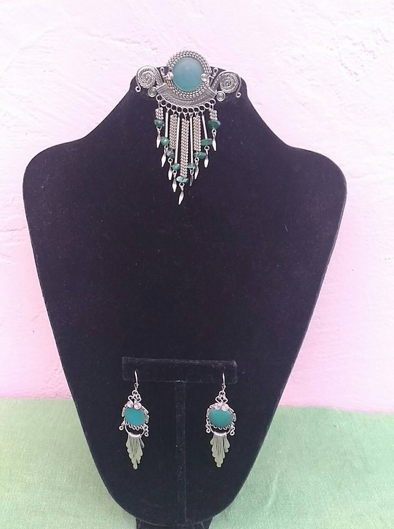 Vintage 1990/'s Handcrafted Agate Stone Silver Brooch /& Earrings Gift Set